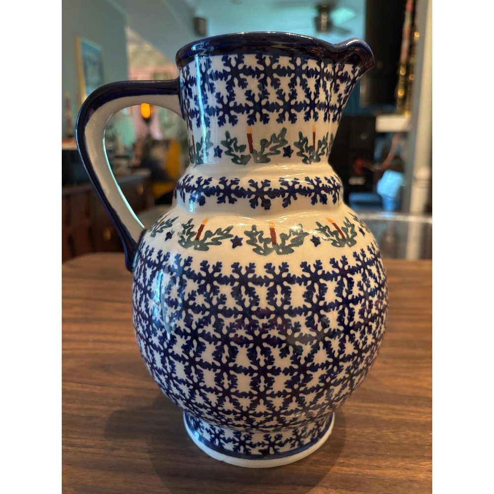 Boleslawiec Polish Pottery Pitcher Snowflake Holly Candle Hand Made Poland Blue - Picture 10 of 10